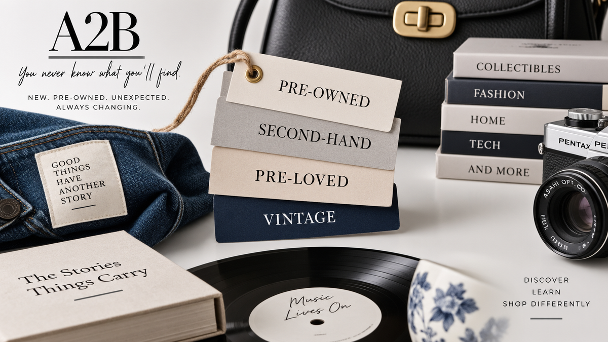 Pre-owned, second-hand, pre-loved and vintage tags arranged with clothing, a handbag, camera and record
