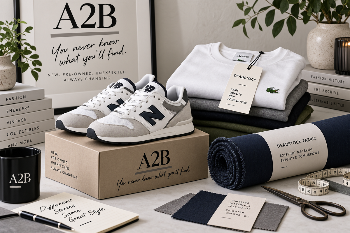 Deadstock trainers, unworn tagged clothing and rolled deadstock fabric in an A2B editorial still life.