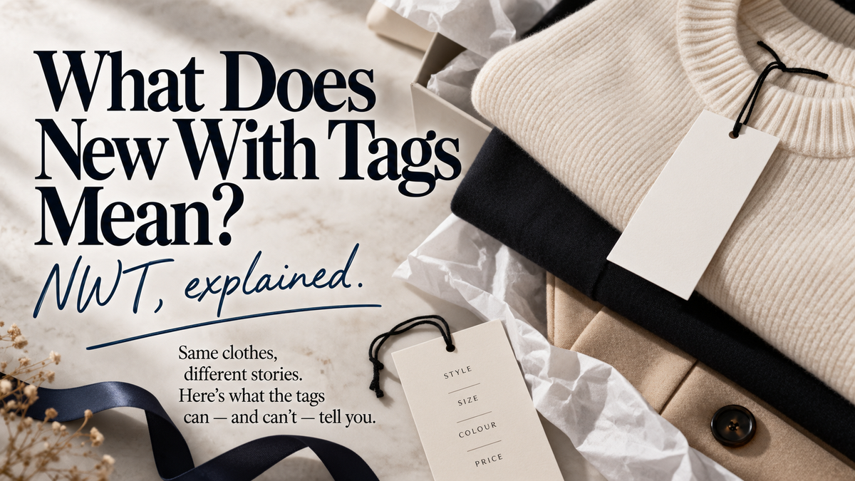 Folded unworn clothing with original swing tags, illustrating what New With Tags or NWT means when buying pre-owned