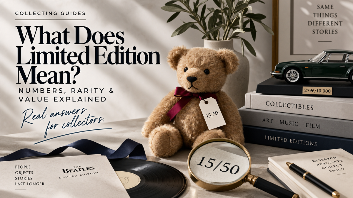 Editorial image explaining limited editions, featuring a numbered 15/50 teddy bear, model car, vinyl record and collectibles.