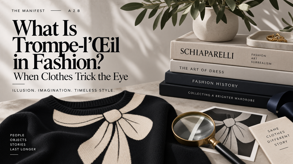 Black knitted jumper with a large cream trompe-l’œil bow design, beside a photo of the bow under a magnifying glass and a stack of fashion books including Schiaparelli, for A2B’s guide to trompe-l’œil in fashion.