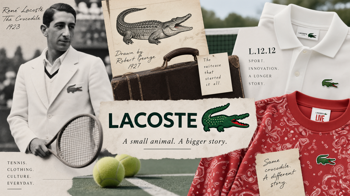 Editorial image for A2B’s Lacoste guide, tracing the crocodile logo from René Lacoste’s tennis heritage to the classic polo and a red paisley Lacoste Live T-shirt.