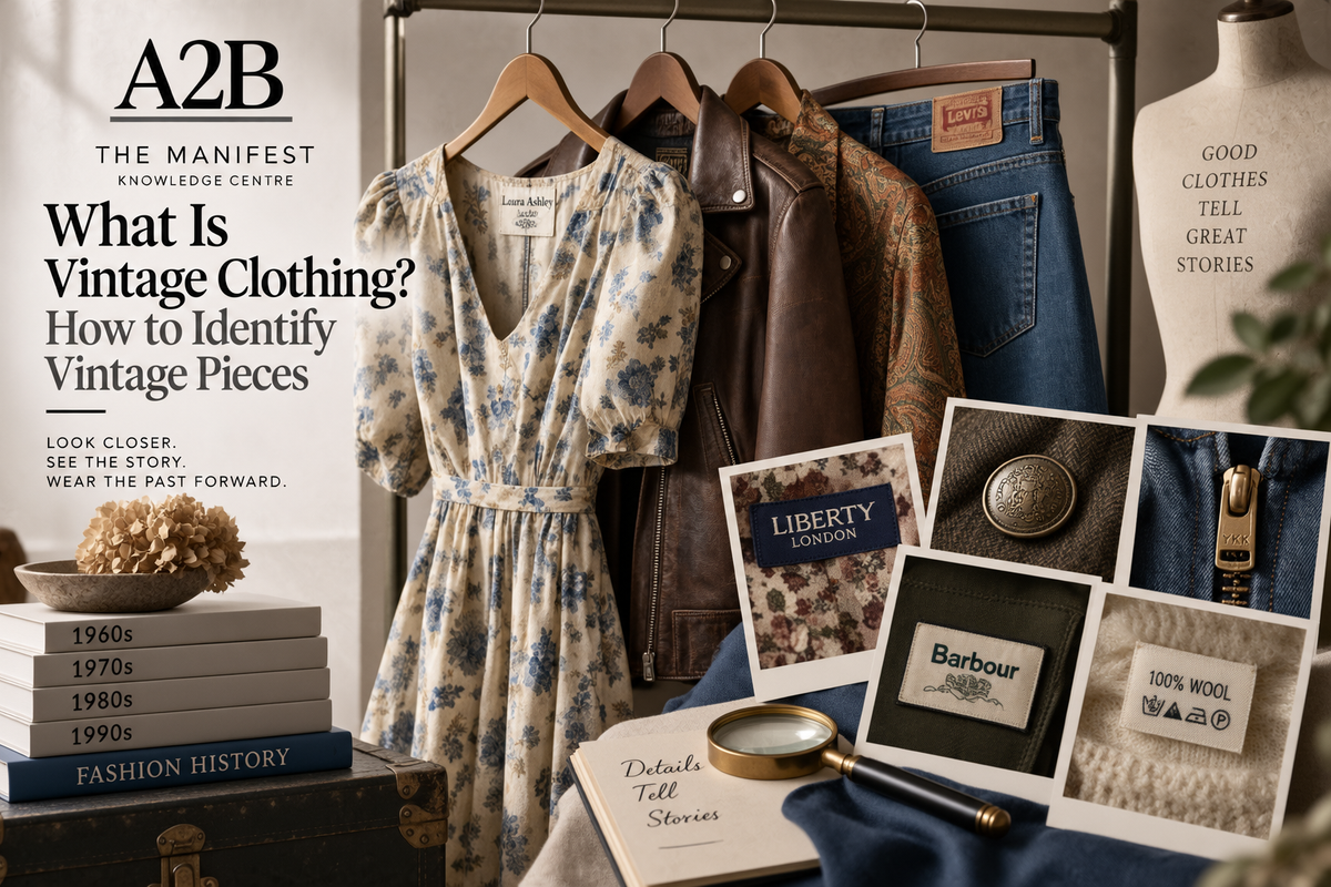 Vintage clothing on a rail with close-up details of garment labels, buttons, zips and fabric illustrating clues used to identify vintage pieces.