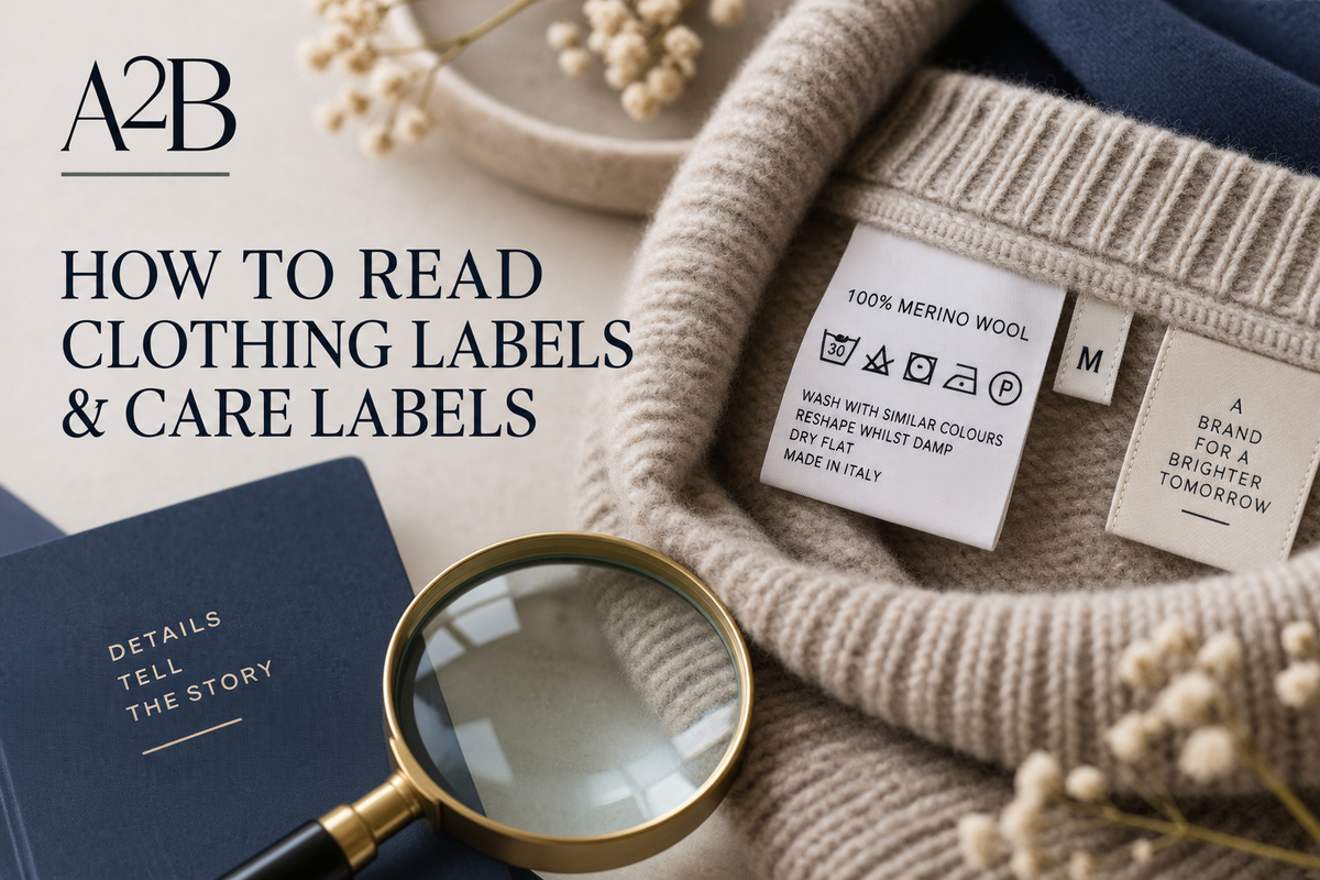 Merino wool clothing label showing fibre content and care instructions beside a magnifying glass on a neutral knit garment.