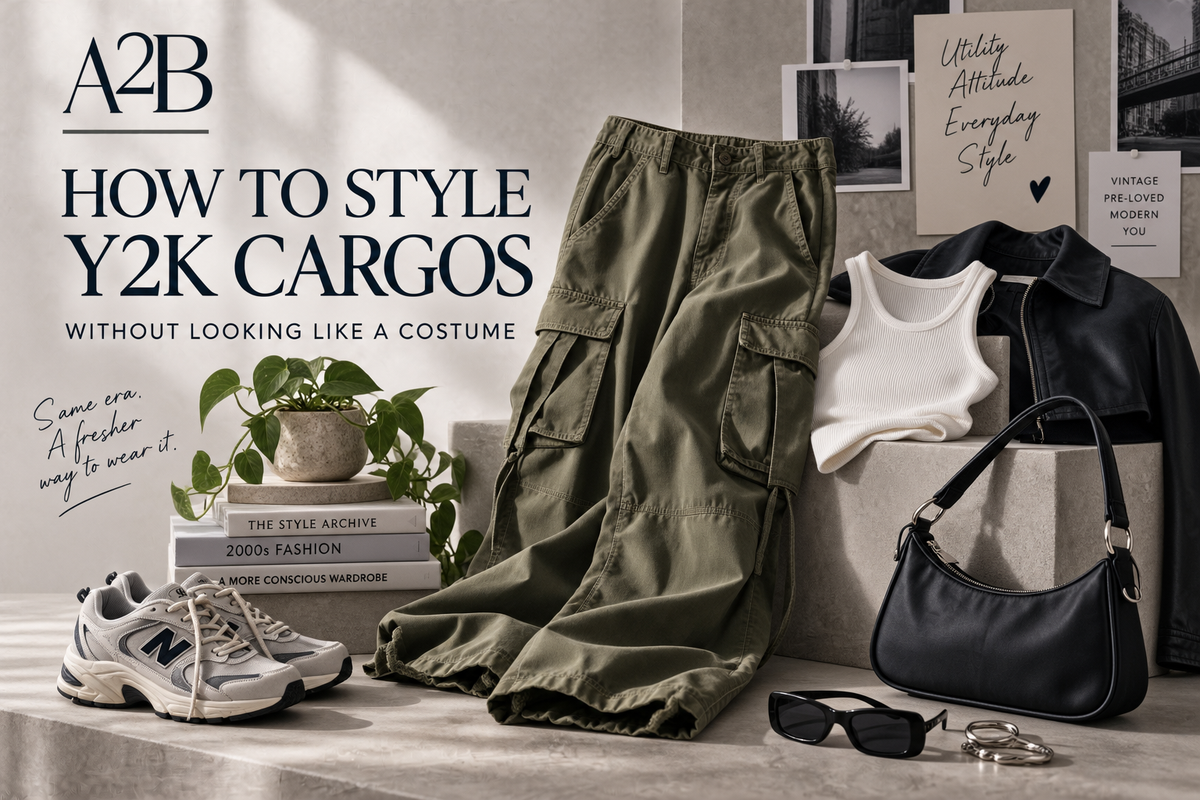Olive Y2K cargo trousers styled with a white fitted vest, black cropped jacket, trainers and a compact shoulder bag.