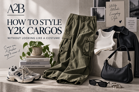 Olive Y2K cargo trousers styled with a white fitted vest, black cropped jacket, trainers and a compact shoulder bag.