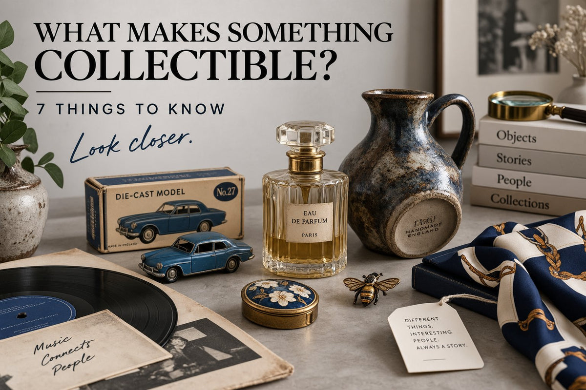 Curated collectibles including a vintage-style perfume bottle, die-cast model car, pottery, vinyl record, brooch and silk scarf arranged for an A2B collecting guide.