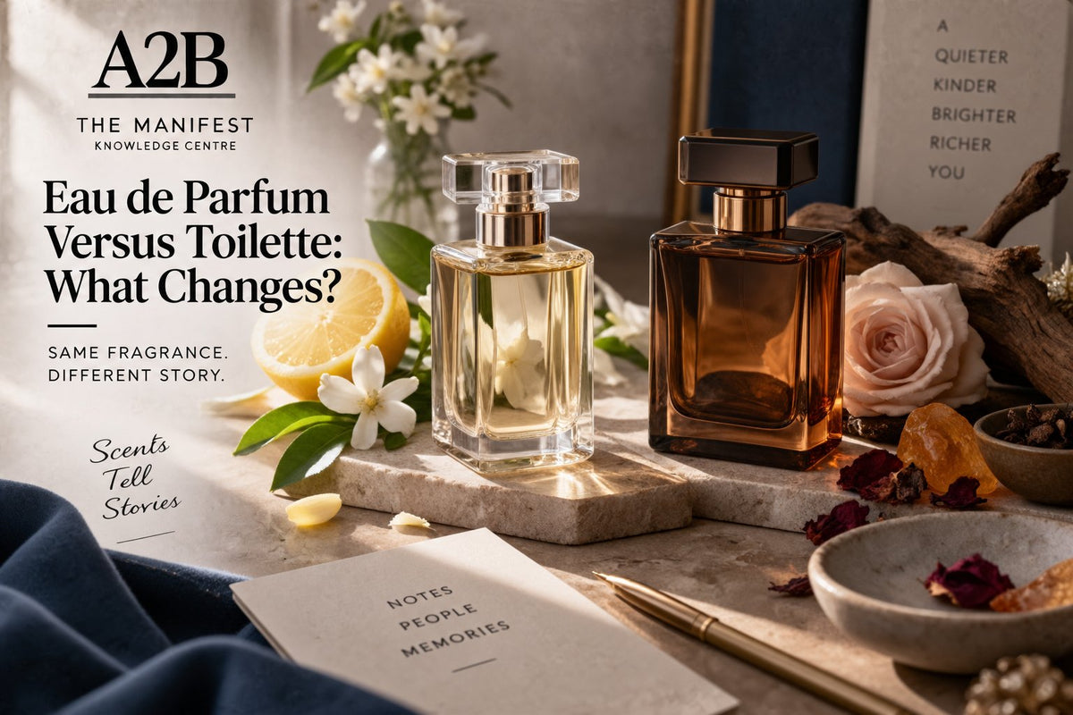 Two unbranded perfume bottles with citrus, flowers, woods and resins illustrating the differences between eau de parfum and eau de toilette.