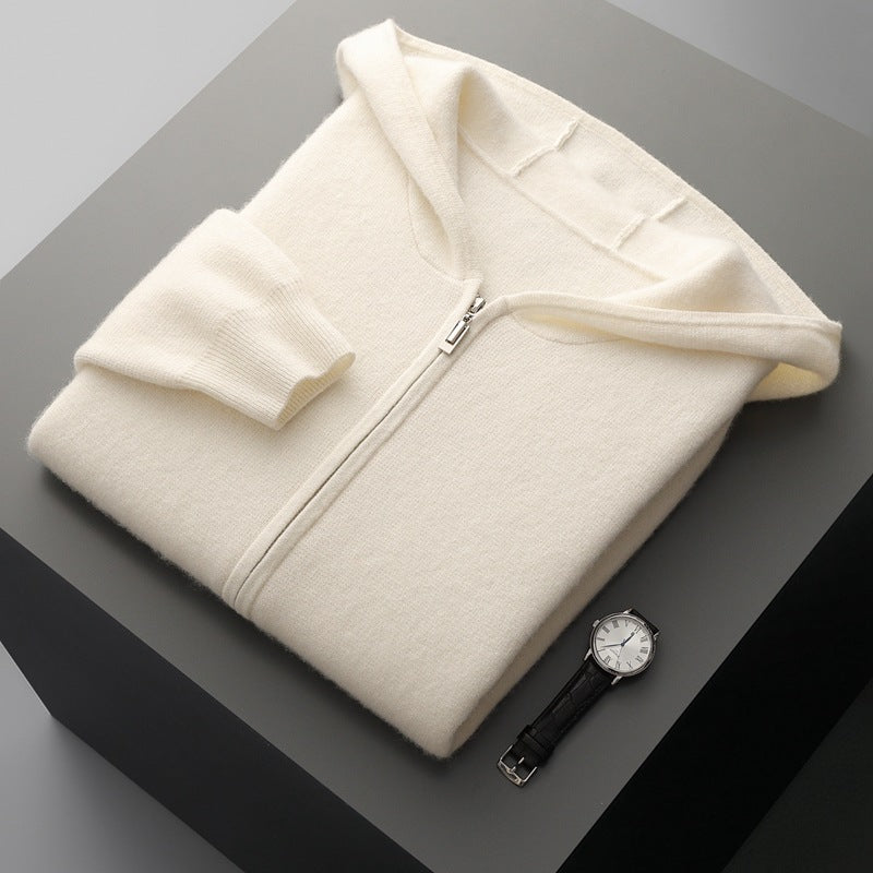 White hooded zip knit cardigan, folded