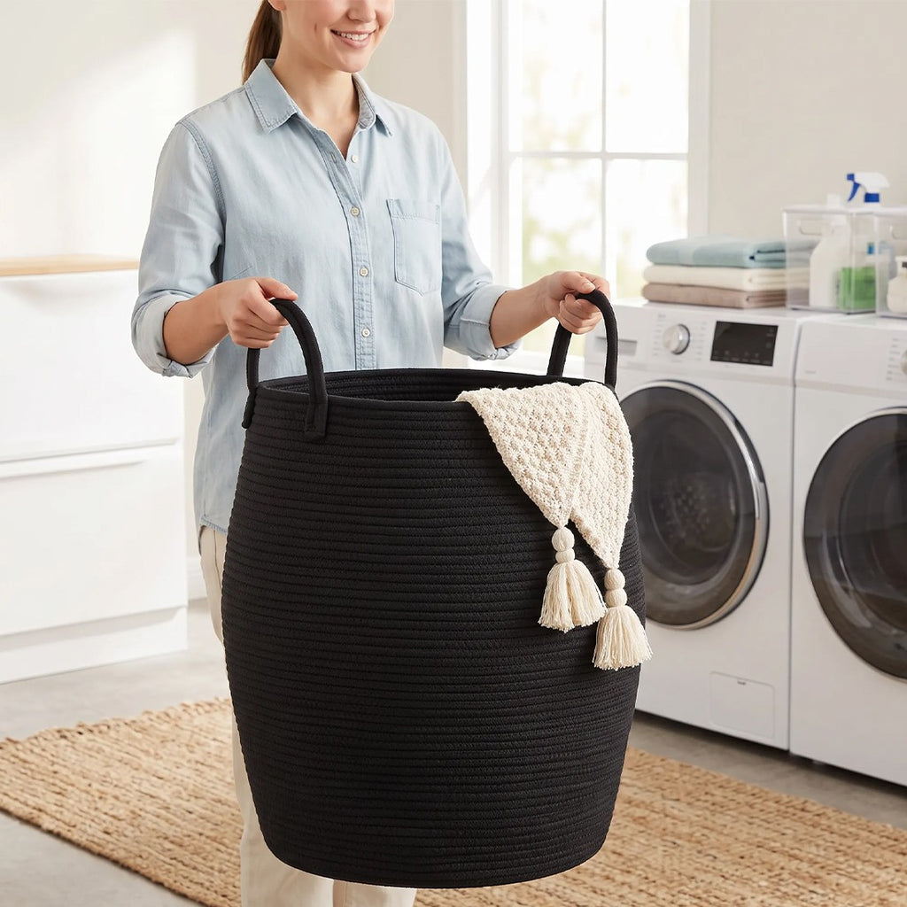 Woman carrying the black rope laundry basket by its handles in a laundry room
