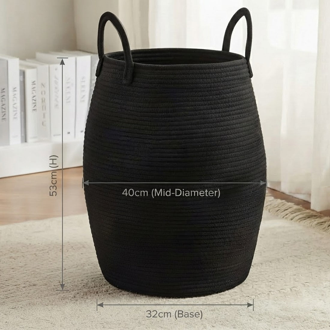 Black rope laundry basket with measurements: 53cm high, 40cm wide, 32cm base