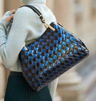 Large blue cowhide leather handbag, front view