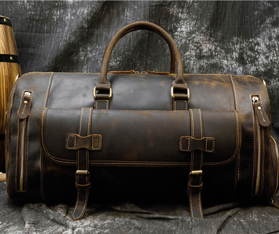 Dark Brown leather travel bag, front buckled pockets