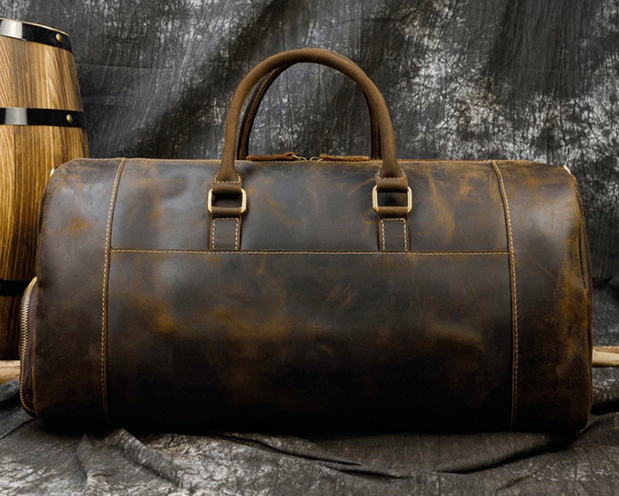 Dark Brown Crazy Horse leather travel bag, front view