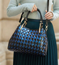 Inside the blue handbag showing fabric lining