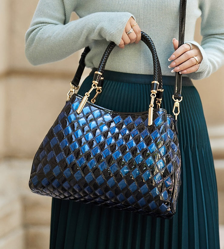 Inside the blue handbag showing fabric lining