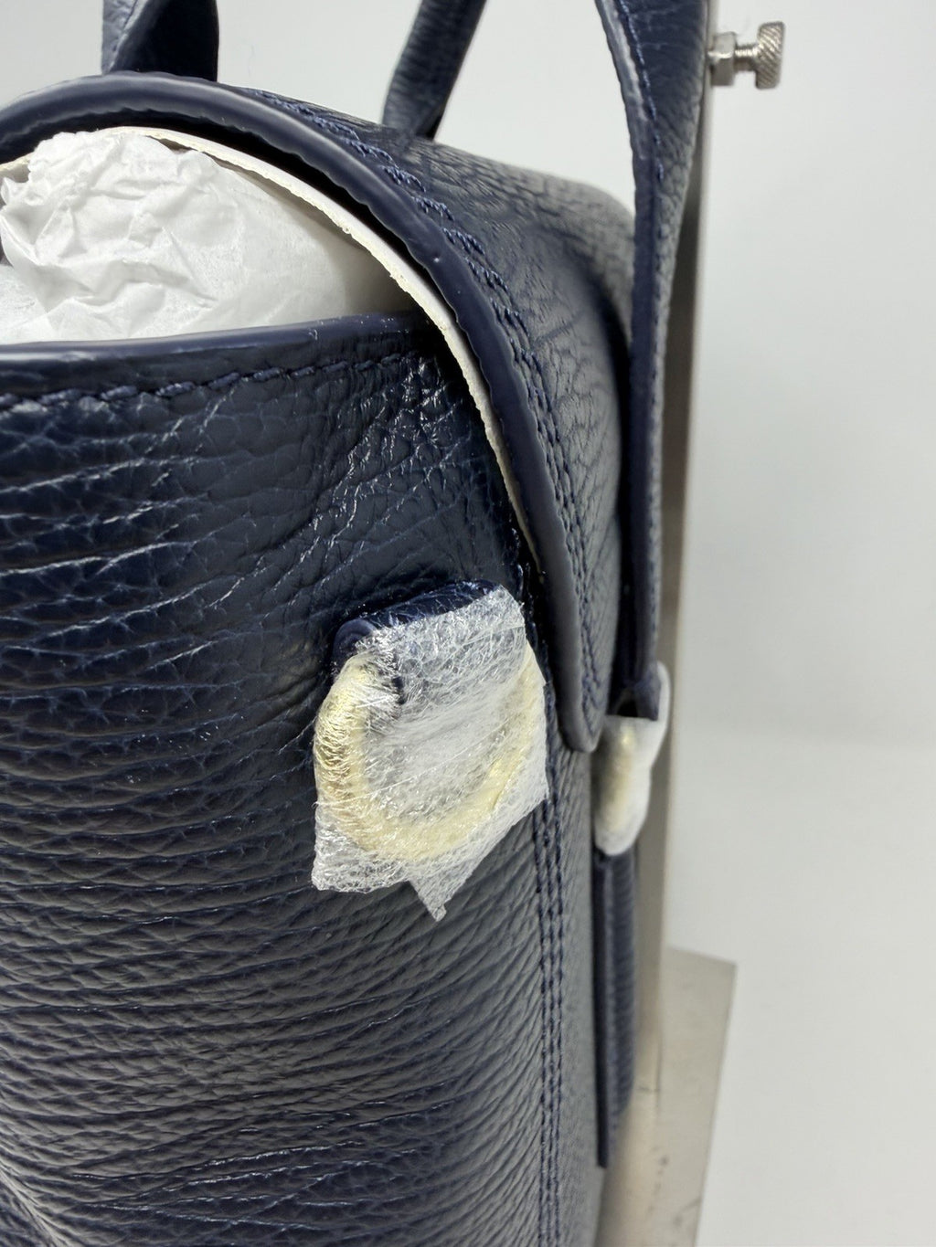 3.1 Phillip Lim Pashli medium satchel in navy pebbled leather, top handle fixing