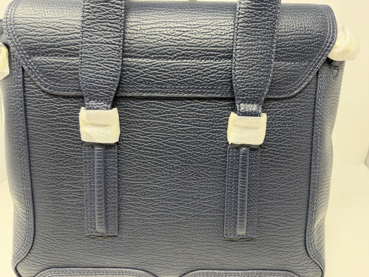 3.1 Phillip Lim Pashli medium satchel in navy pebbled leather, back panel close-up