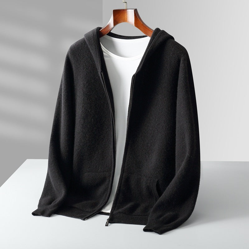 Black hooded zip knit cardigan on hanger