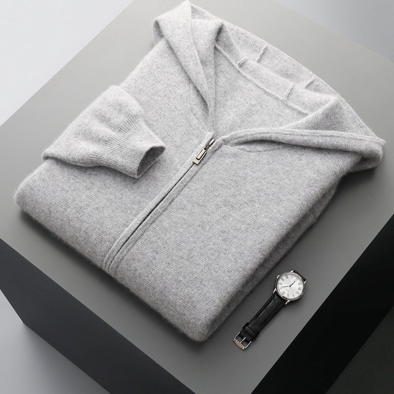 Light grey hooded zip knit cardigan, folded