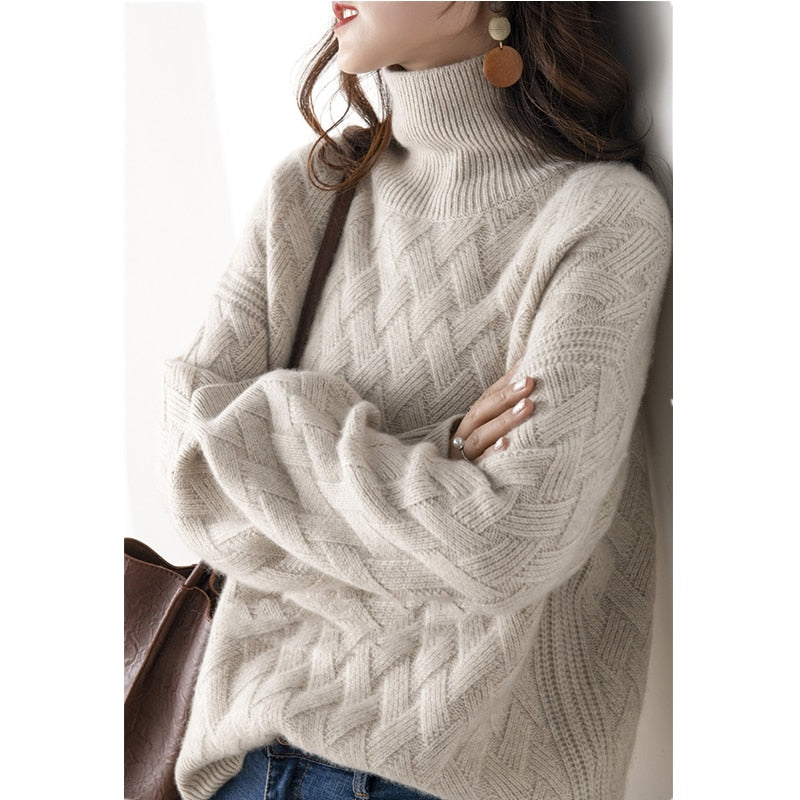 Camel cable turtleneck jumper with bag