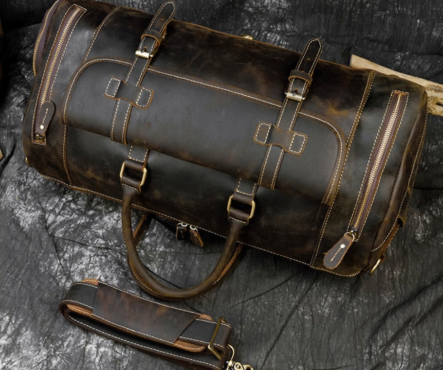 Dark Brown Crazy Horse leather travel bag from above