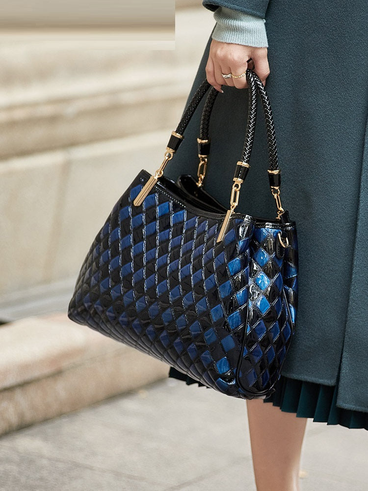 Blue leather handbag with soft top handles