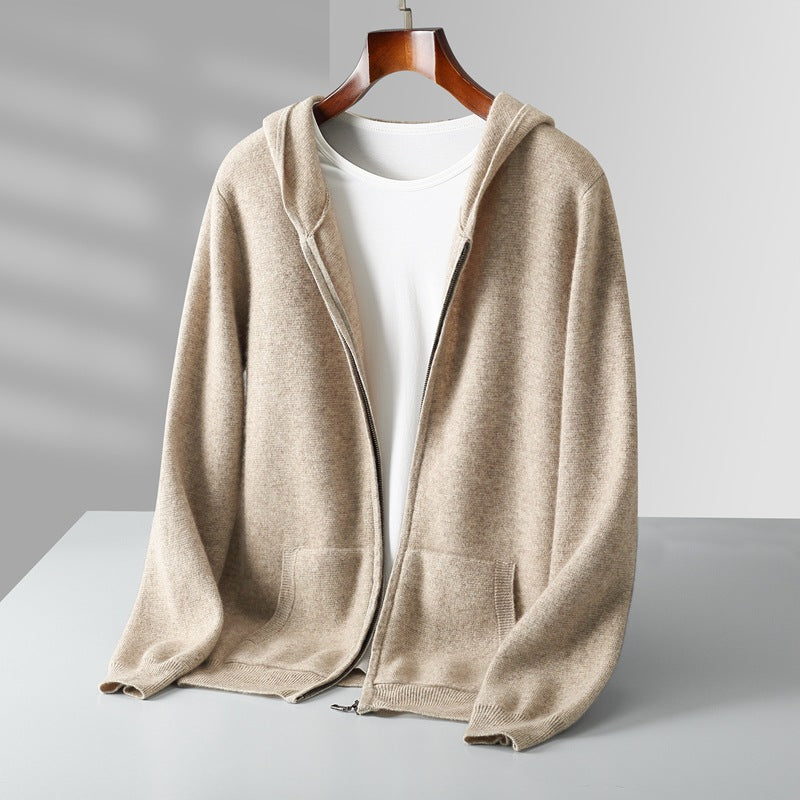 Light camel hooded zip knit cardigan on hanger