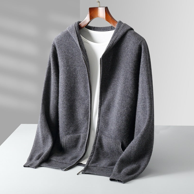 Dark grey hooded zip knit cardigan on hanger