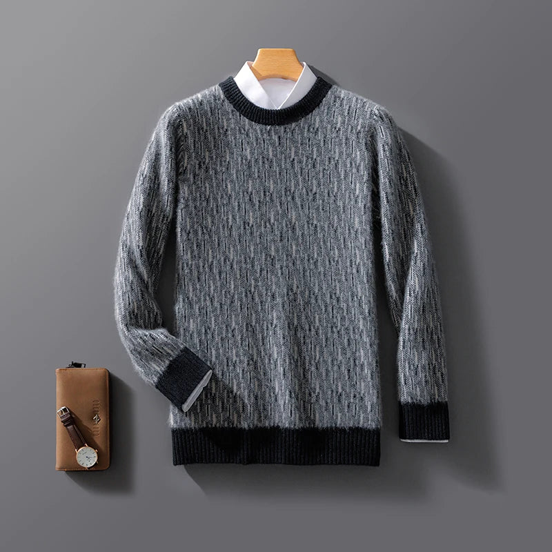Dark grey textured knit crew neck jumper, front