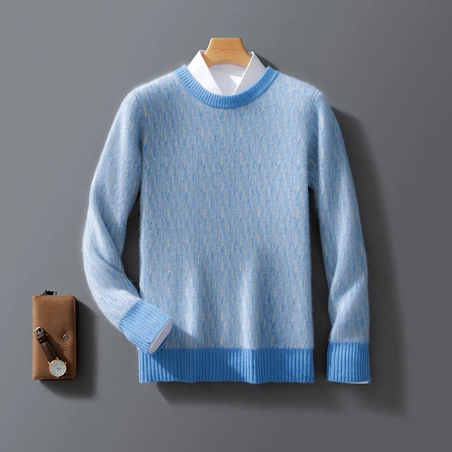 Blue brushed knit crew neck jumper, front