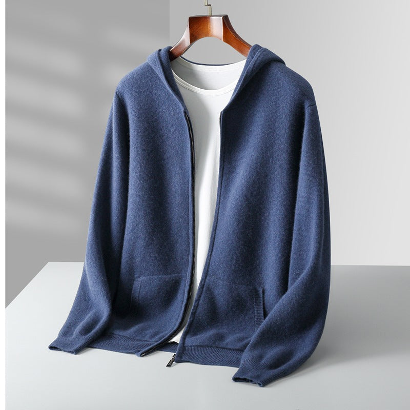 Seaweed blue hooded zip knit cardigan on hanger