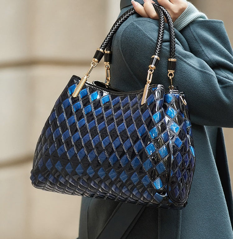 Blue leather handbag with shoulder strap