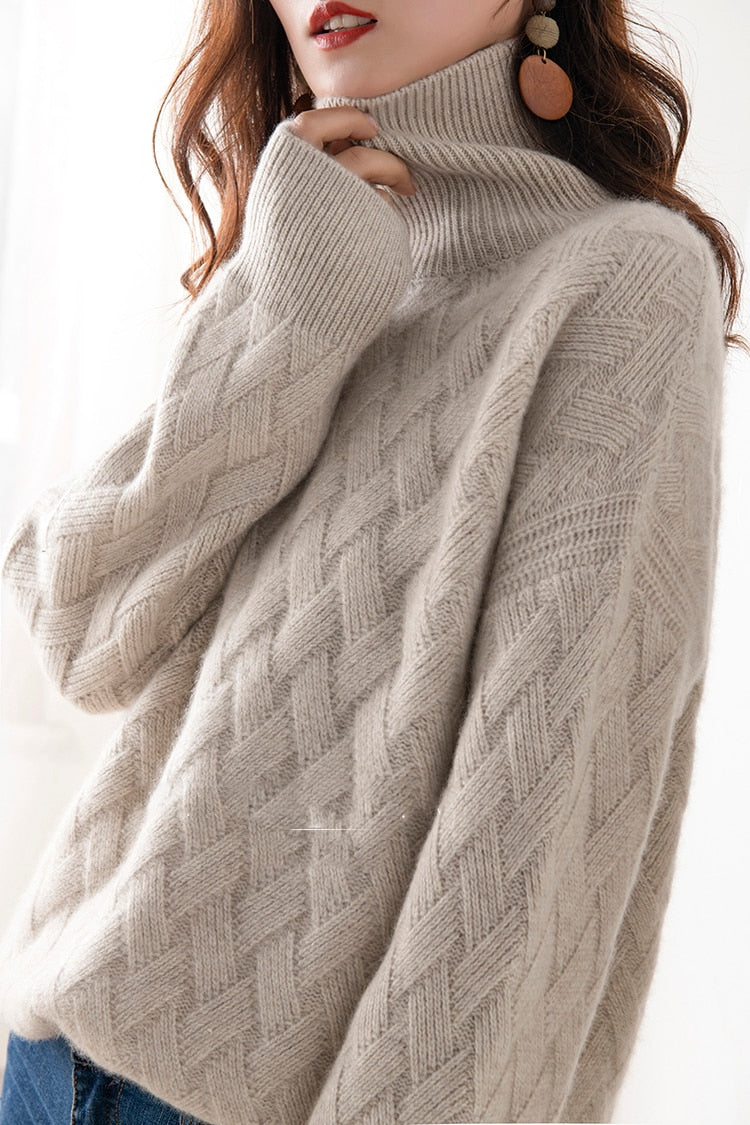 Camel relaxed turtleneck jumper, worn