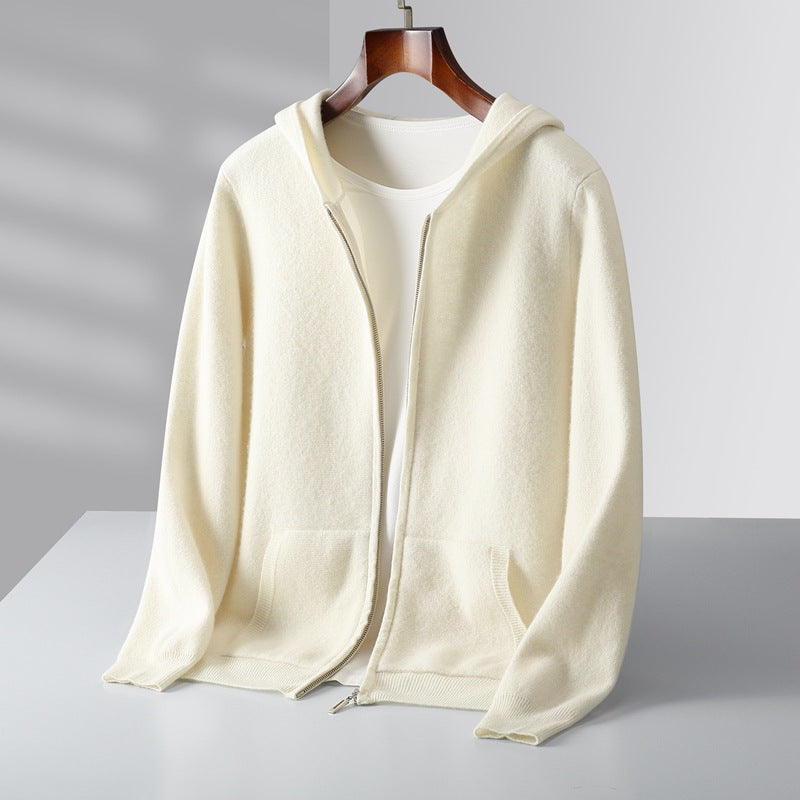 White hooded zip knit cardigan on hanger