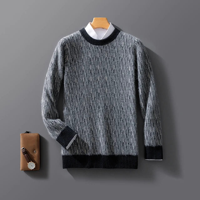 Dark grey knit crew neck jumper with black trim, front