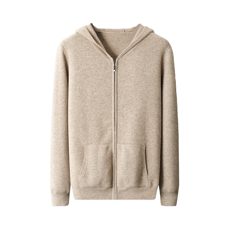 Men’s light camel hooded zip-up knit cardigan, front
