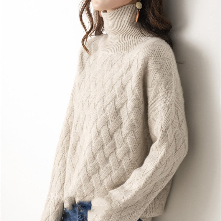 Camel lattice cable turtleneck jumper, side view