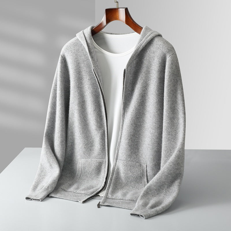 Light grey hooded zip knit cardigan on hanger