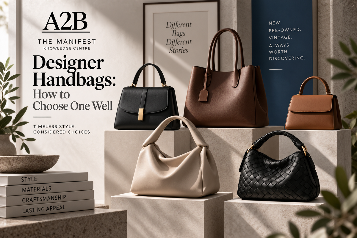 Five designer handbags in black, brown, tan, cream and woven black leather displayed on stone plinths