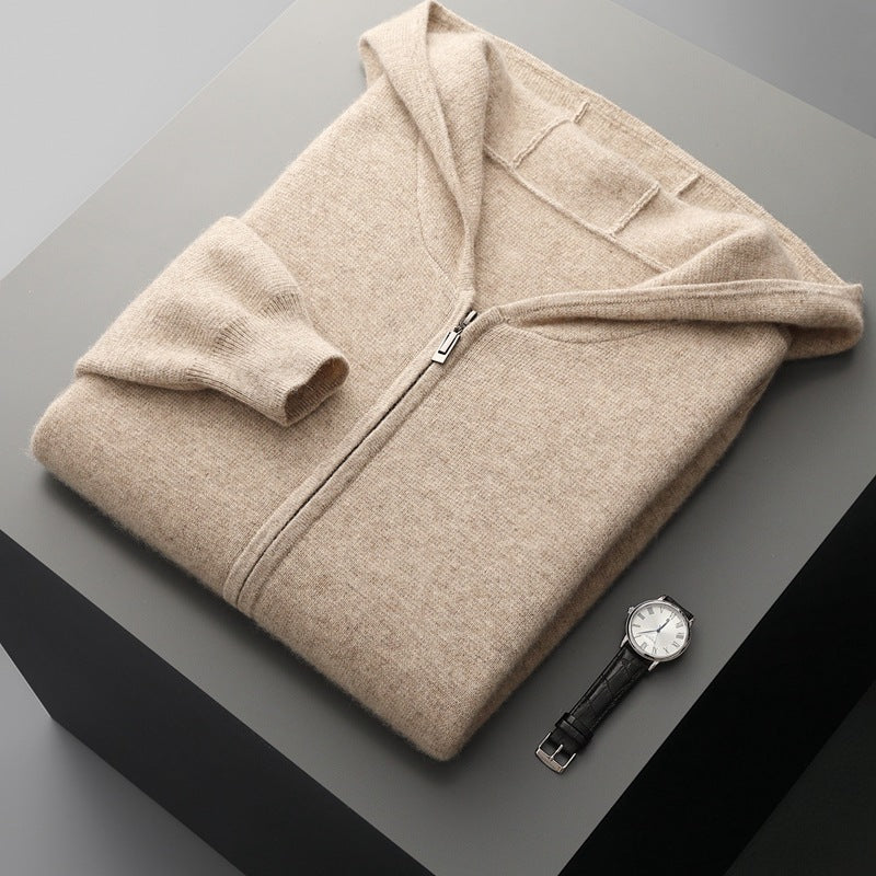 Light camel hooded zip knit cardigan, folded