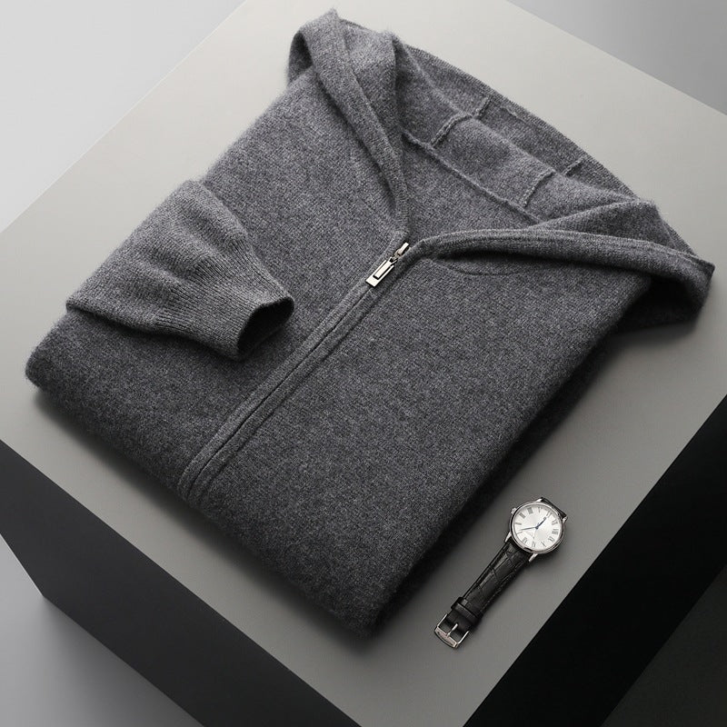 Dark grey hooded zip knit cardigan, folded