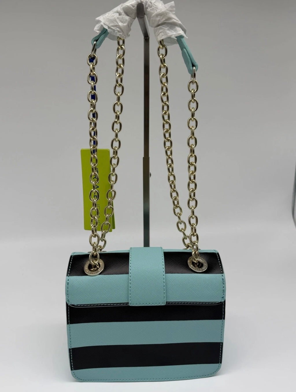 Versace Jeans mint green and black striped chain shoulder bag with tags, stylish accessory with a bold design.