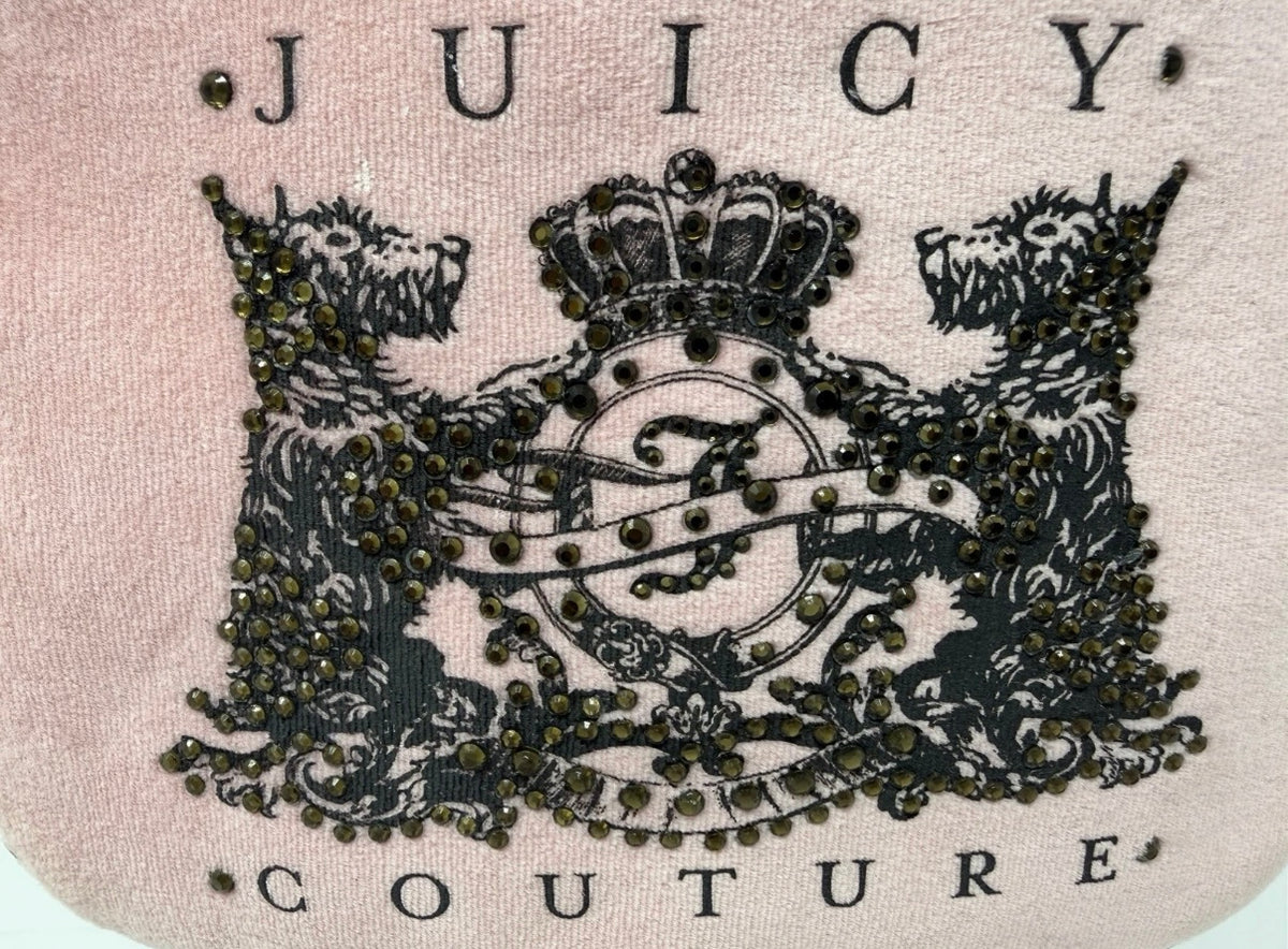 Juicy Couture pink velour crest crossbody bag with gold chain strap, new with tags, stylish accessory for casual outfits.