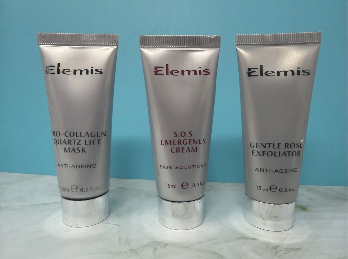 Elemis Pro-Collagen skincare gift set with multiple products in a silver cosmetic bag, ideal for anti-aging skincare routines.