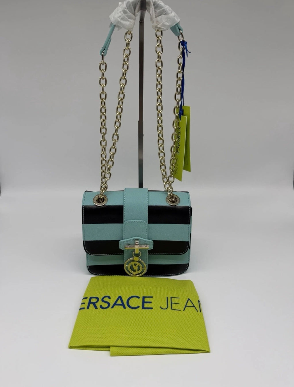 Versace Jeans mint green and black striped shoulder bag with chain strap, new with tags, crafted for stylish everyday use.