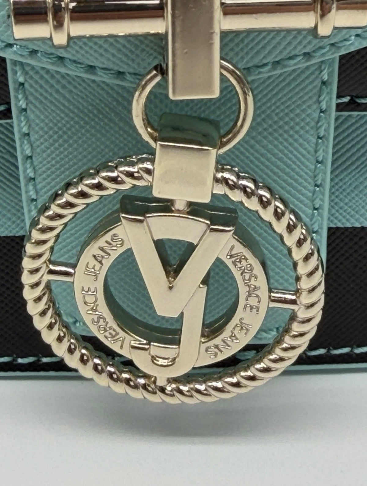 Versace Jeans mint green and black striped chain shoulder bag with logo details, new with tags, stylish fashion accessory.