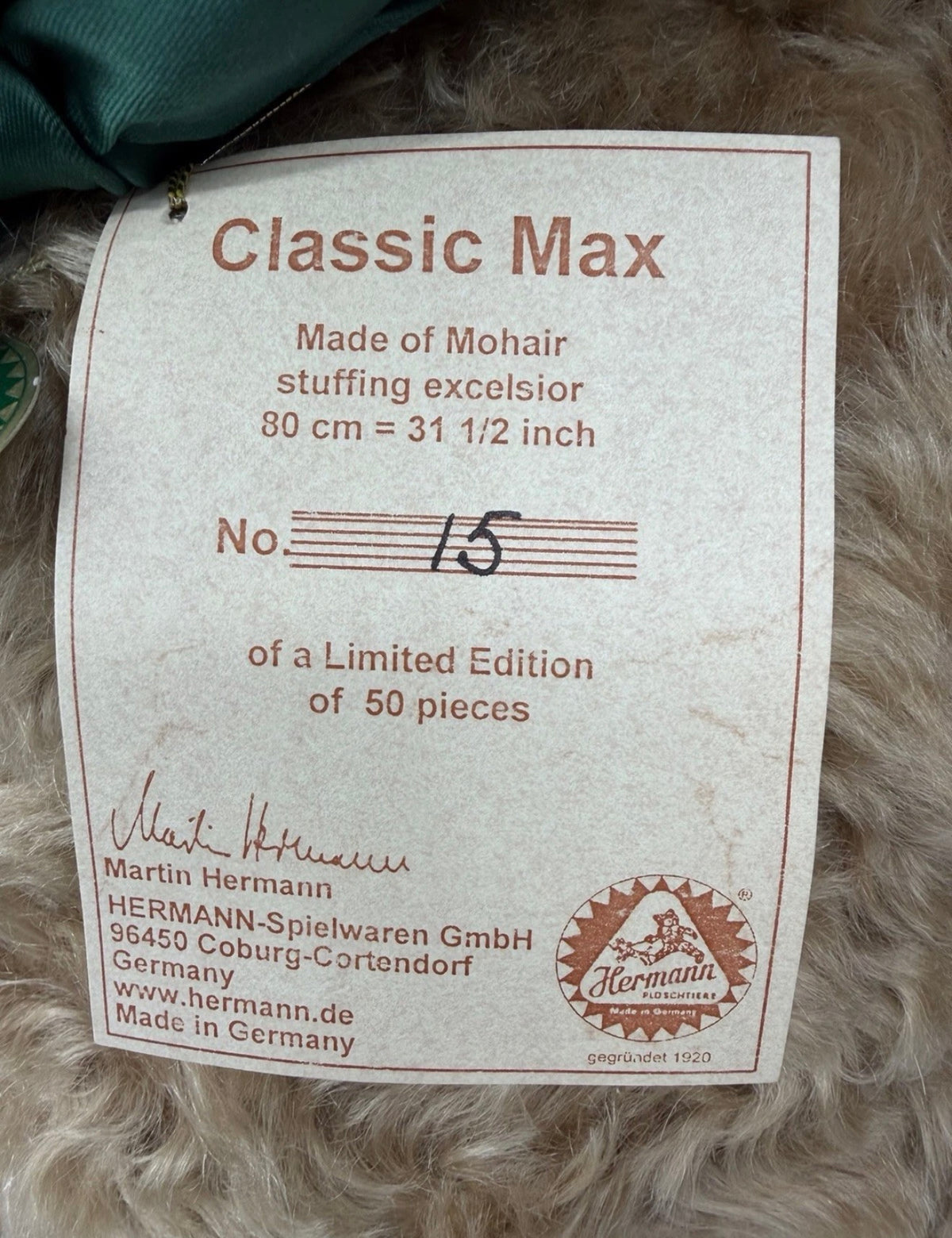 Hermann-Coburg Classic Max 80cm Mohair Teddy Bear No. 15/50 – 2005 Limited Edition