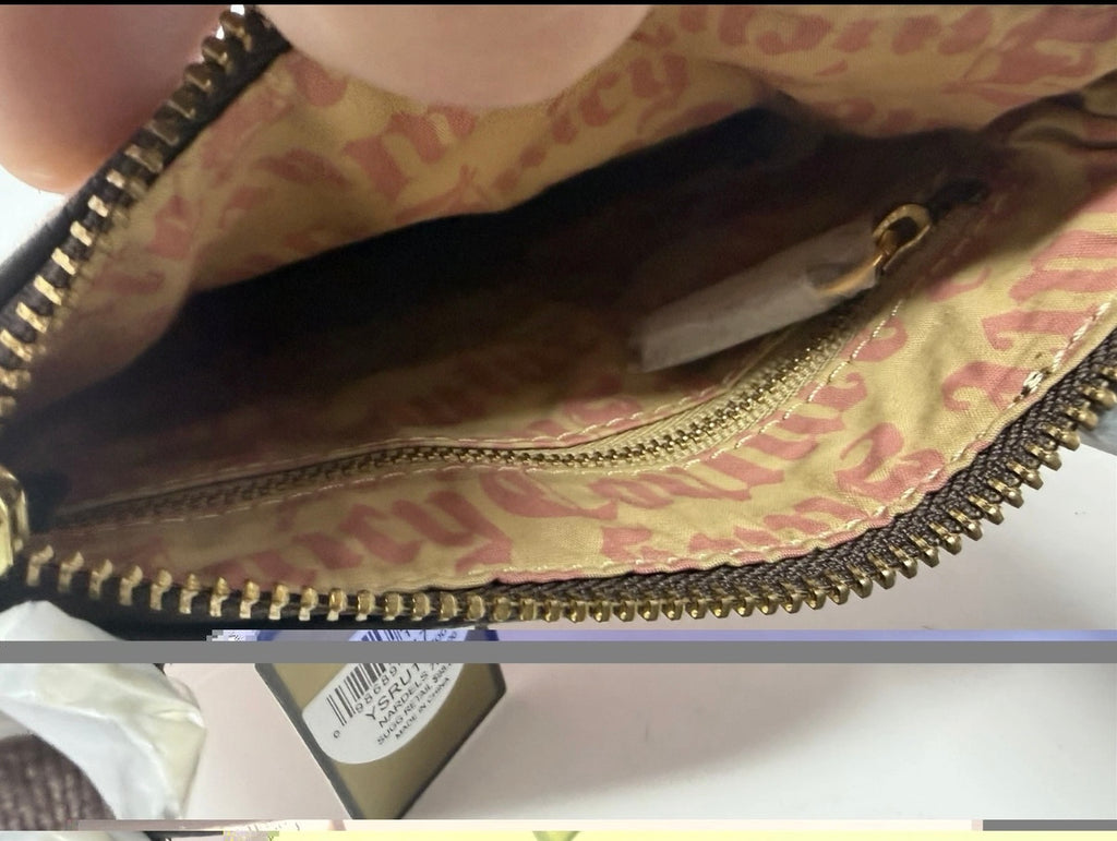 Juicy Couture pink velour crest crossbody bag with adjustable strap and gold-tone logo, new with tags.