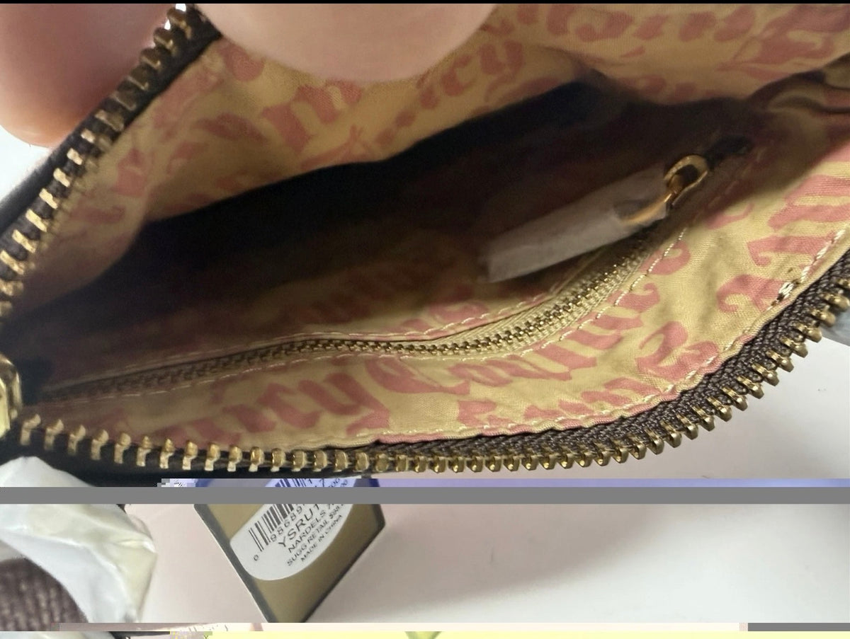 Juicy Couture pink velour crest crossbody bag with adjustable strap and gold-tone logo, new with tags.